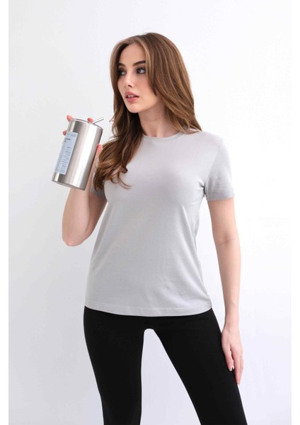 Kadın Bisiklet Yaka Düz Baskısız %100 Pamuk Gri Basic Tişört modelleri