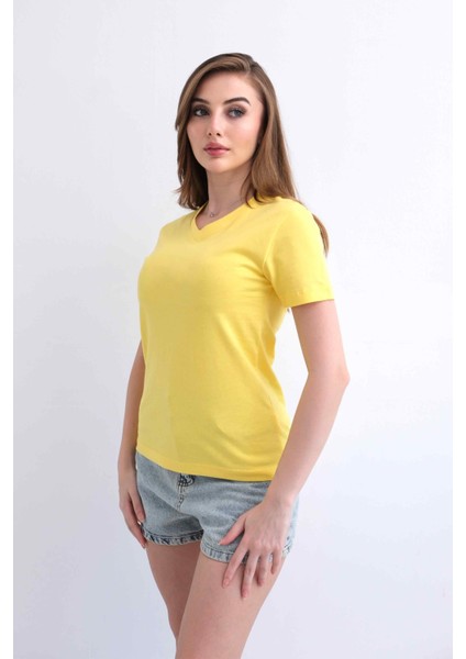 Kadın V Yaka Düz Baskısız %100 Pamuk Sarı Basic Tişört fırsatları