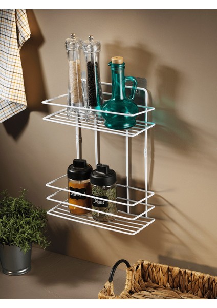 2 Katlı Beyaz Mutfak Askısı, Baharatlık Rafı - Duvara Monte, Yapıştır/vidala, Paslanmaz Metal 26 x 33CM (Tş-02)