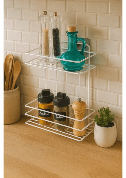 2 Katlı Beyaz Mutfak Askısı, Baharatlık Rafı - Duvara Monte, Yapıştır/vidala, Paslanmaz Metal 26 x 33CM (Tş-02) modelleri
