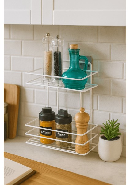 2 Katlı Beyaz Mutfak Askısı, Baharatlık Rafı - Duvara Monte, Yapıştır/vidala, Paslanmaz Metal 26 x 33CM (Tş-02) indirimleri