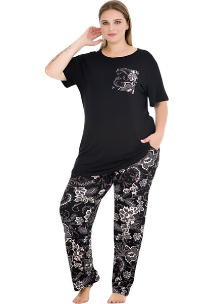 Siyah Renk ve Desenli 11011 Kısa Kollu Kadın Büyük Beden Anne Pijama Takımı