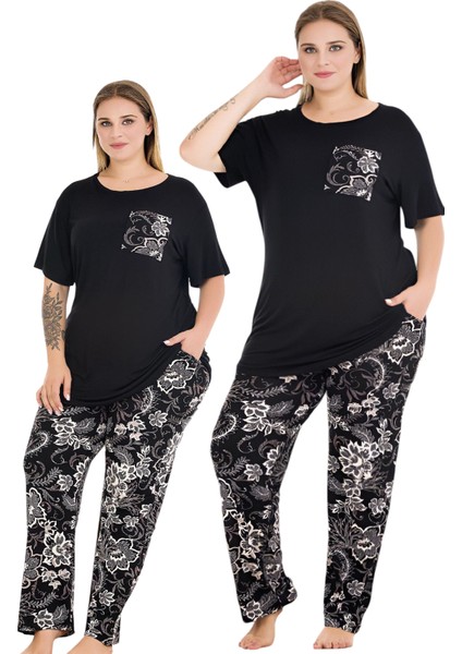 Siyah Renk ve Desenli 11011 Kısa Kollu Kadın Büyük Beden Anne Pijama Takımı modelleri