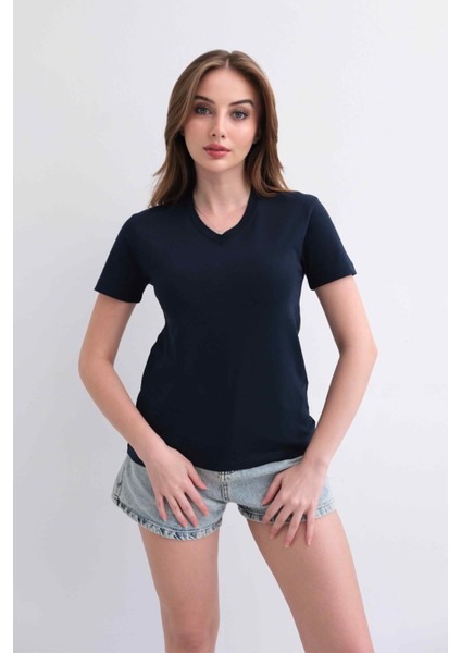 Kadın V Yaka Düz Baskısız %100 Pamuk Lacivert Basic Tişört fiyatları