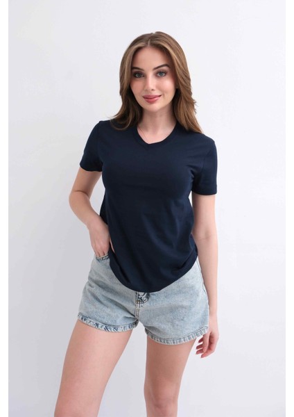 Kadın V Yaka Düz Baskısız %100 Pamuk Lacivert Basic Tişört modelleri