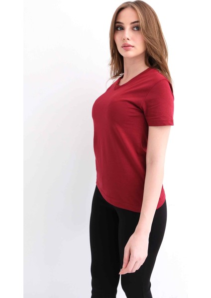 Kadın V Yaka Düz Baskısız %100 Pamuk Bordo Basic Tişört fiyatları