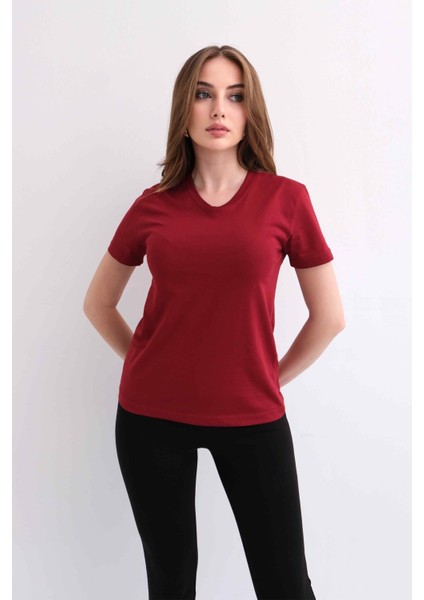 Kadın V Yaka Düz Baskısız %100 Pamuk Bordo Basic Tişört fırsatları