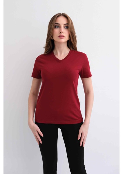 Kadın V Yaka Düz Baskısız %100 Pamuk Bordo Basic Tişört indirimleri