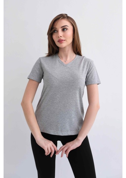 Kadın V Yaka Düz Baskısız %100 Pamuk Gri Melanj Basic Tişört