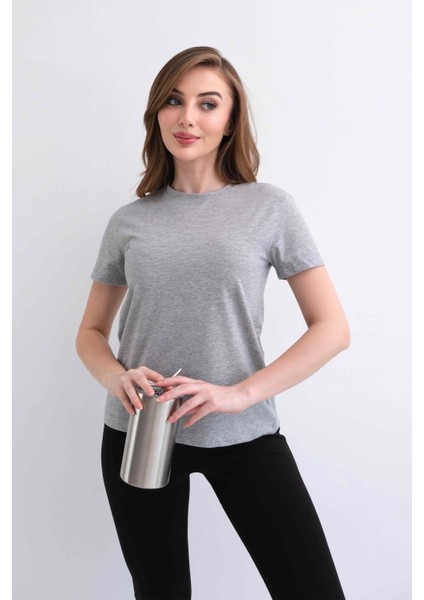 Kadın V Yaka Düz Baskısız %100 Pamuk Gri Melanj Basic Tişört fiyatları