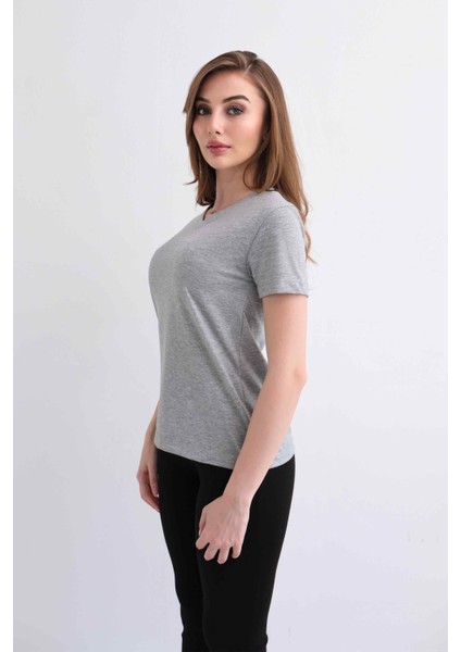 Kadın V Yaka Düz Baskısız %100 Pamuk Gri Melanj Basic Tişört modelleri