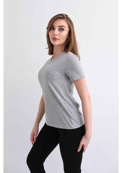 Kadın V Yaka Düz Baskısız %100 Pamuk Gri Melanj Basic Tişört indirimleri