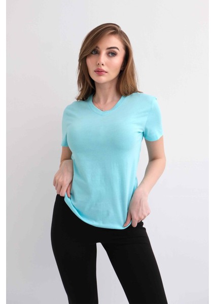 Kadın V Yaka Düz Baskısız %100 Pamuk Nane Basic Tişört