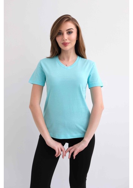 Kadın V Yaka Düz Baskısız %100 Pamuk Nane Basic Tişört fiyatları