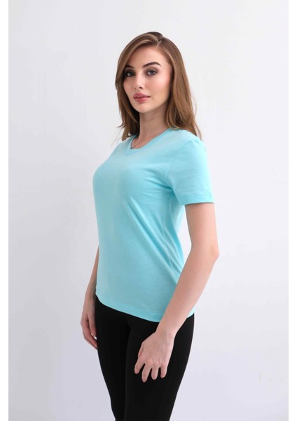 Kadın V Yaka Düz Baskısız %100 Pamuk Nane Basic Tişört fırsatları