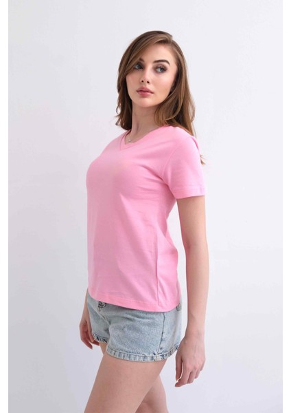 Kadın V Yaka Düz Baskısız %100 Pamuk Pembe Basic Tişört modelleri
