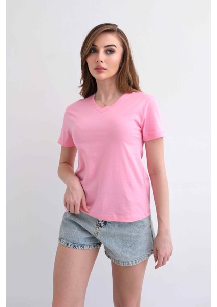 Kadın V Yaka Düz Baskısız %100 Pamuk Pembe Basic Tişört fırsatları