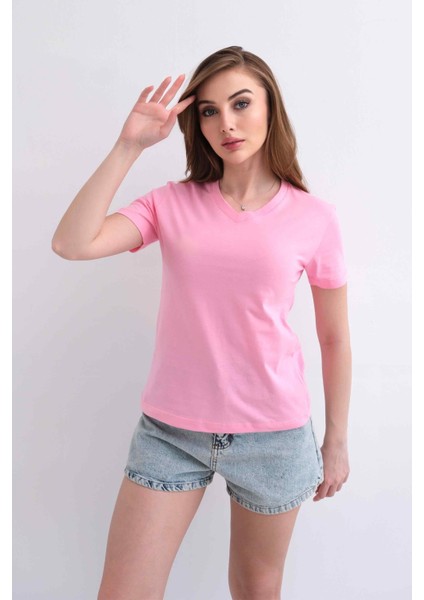 Kadın V Yaka Düz Baskısız %100 Pamuk Pembe Basic Tişört indirimleri