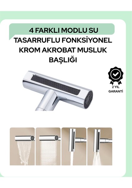 Çok Fonksiyonlu Musluk Başlığı | 4 Su Modu | Geniş Uyumlu Adaptör Seti | Mutfak ve Banyo Uyumlu
