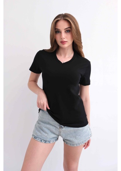 Kadın V Yaka Düz Baskısız %100 Pamuk Siyah Basic Tişört indirimleri