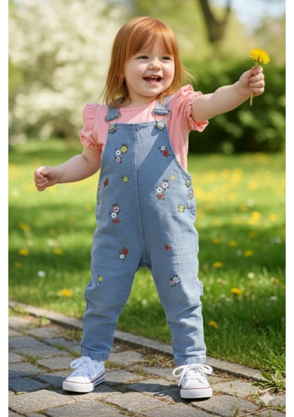 Hasır Şapkalı 3 Parçalı Çiçekli Pembe Salopet Kız Bebek Çocuk Takımı 6-9 Ay, 9-12 Ay, 12-18 Ay, 18-24 Ay