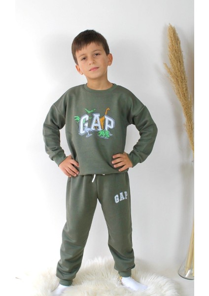 Matu Kids Haki Dinazor Baskılı Erkek Çocuk 3 Iplik Eşofman Takım 3/10 Yaş