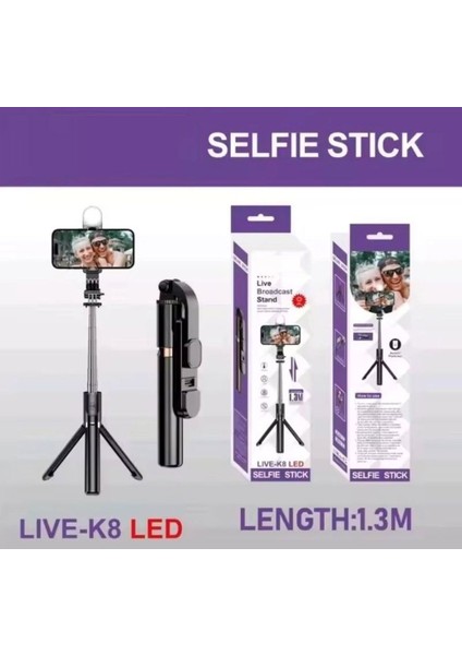 Live K8 LED Tripod Selfie Çubuğu 130 cm Işıklı Bluetooth Kumandalı 360° Döndürülebilir Başlık fiyatları