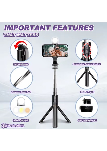 Live K8 LED Tripod Selfie Çubuğu 130 cm Işıklı Bluetooth Kumandalı 360° Döndürülebilir Başlık modelleri