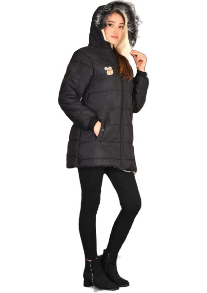 Kız Çocuk Kışlık Mont Kürk Kapüşonlu Uzun Mont (Basen Diz Arası BOY)-MNT-0010