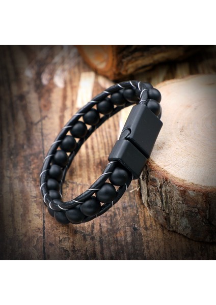 Mat Oniks Taşı Örmeli Deri Bileklik 31832B2D8M7 fırsatları