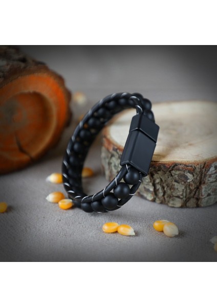 Mat Oniks Taşı Örmeli Deri Bileklik 31832B2D8M7