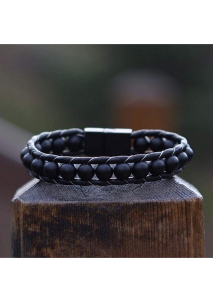 Mat Oniks Taşı Örmeli Deri Bileklik 31832B2D8M7