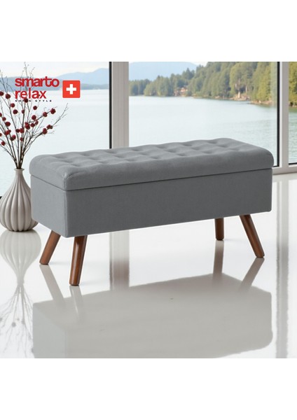 Swiss Style Gruyères Kapitone Puf,baby face Polyester Kaplama, , Dekoratif puf 110x40x45 cm, Kapitone Ahşap Ayaklı puf (Gri)