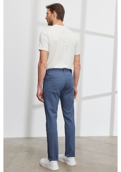 Erkek Petrol Slim Fit Dar Kesim 5 Cep Armürlü Esnek Pantolon