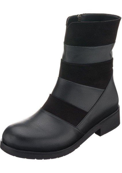 LF1812 Siyah Süet Çarpraz Parçalı Sıcak Astar Rahat Geniş Kalıp Kauçuk Taban Büyük Numara Deri Kadın Bot