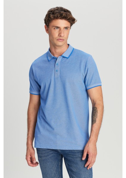 AC&Co / Altınyıldız Classics Erkek Çekmeyen Pamuklu Kumaş Slim Fit Dar Kesim Saks-Beyaz Kıvrılmaz Polo Yaka Tişört modelleri