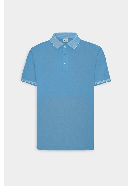 AC&Co / Altınyıldız Classics Erkek Çekmeyen Pamuklu Kumaş Slim Fit Dar Kesim Saks-Beyaz Kıvrılmaz Polo Yaka Tişört