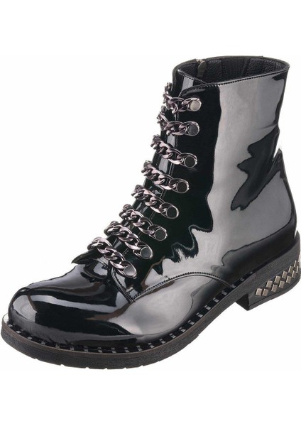 MF1720 Siyah Rugan Deri Sıcak Astar Kauçuk Esnek Dişli Taban Büyük Numara Kadın Bot