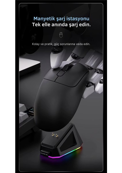 AJ179P Mc 3 Modlu 1000Hz 12.000 Dpı Manyetik Şarj Istasyonlu PAW3311 300 IPS Optik Sensör Gaming Mouse