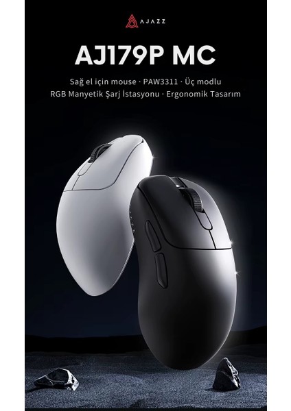 AJ179P Mc 3 Modlu 1000Hz 12.000 Dpı Manyetik Şarj Istasyonlu PAW3311 300 IPS Optik Sensör Gaming Mouse