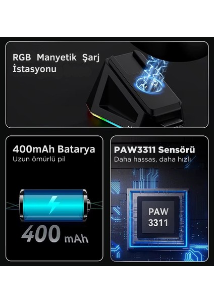 AJ179P Mc 3 Modlu 1000Hz 12.000 Dpı Manyetik Şarj Istasyonlu PAW3311 300 IPS Optik Sensör Gaming Mouse