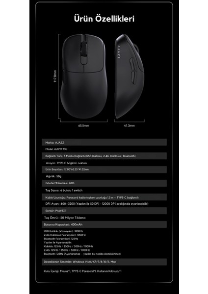 AJ179P Mc 3 Modlu 1000Hz 12.000 Dpı Manyetik Şarj Istasyonlu PAW3311 300 IPS Optik Sensör Gaming Mouse