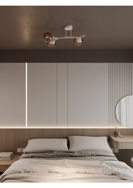 Noria Beyaz Metal Gövdeli 3’lü Bal Rengi Cam Küre Avize | Kavisli Tavan Aydınlatma Avize Modeli