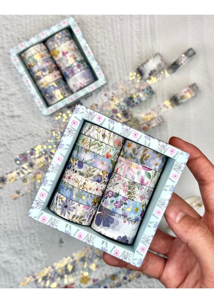 Masking Tape Yaldızlı Çiçek Desenli 12’li Mavi Kutu Washi Bant/washi Tape / Bullet Journal / Scrapbook
