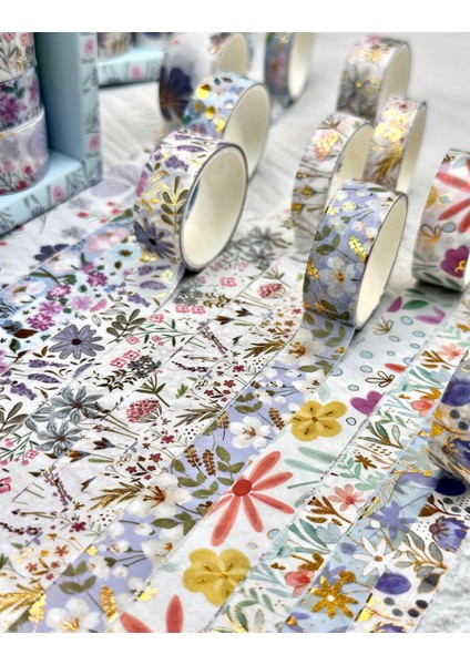 Masking Tape Yaldızlı Çiçek Desenli 12’li Mavi Kutu Washi Bant/washi Tape / Bullet Journal / Scrapbook fiyatları