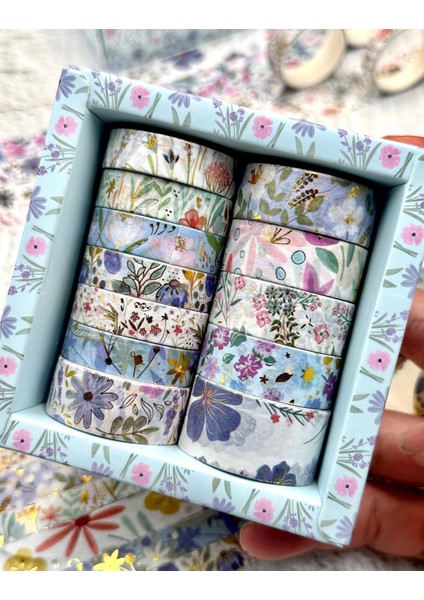 Masking Tape Yaldızlı Çiçek Desenli 12’li Mavi Kutu Washi Bant/washi Tape / Bullet Journal / Scrapbook fırsatları