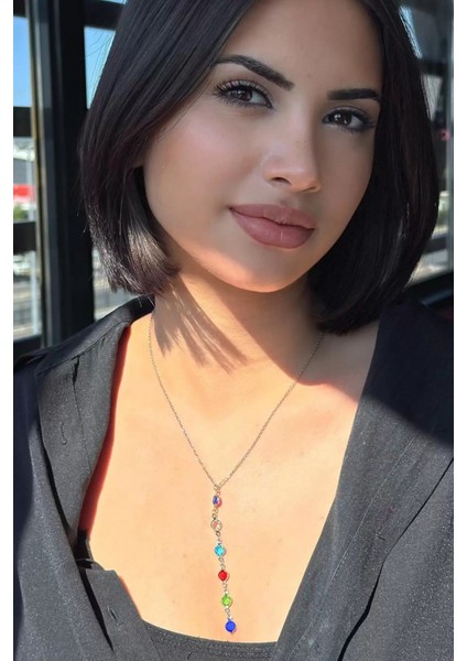 Renkli Taşlı Çelik Y Kolye