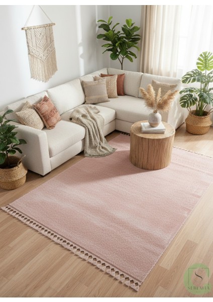 Post/peluş Yıkanabilir Kaymaz Taban Yumşacık Pembe Örgü Saçaklı Modern ve Şık Salon Oturma Odası Mutfak Çocuk Odası Koridor Antre Halısı