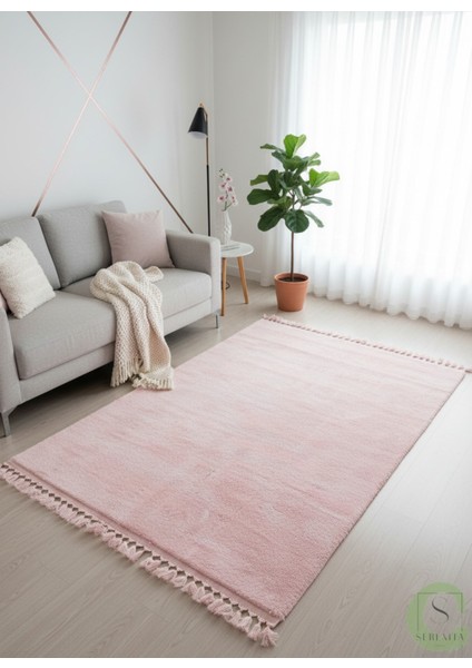 Post/peluş Yıkanabilir Kaymaz Taban Yumşacık Pembe Örgü Saçaklı Modern ve Şık Salon Oturma Odası Mutfak Çocuk Odası Koridor Antre Halısı