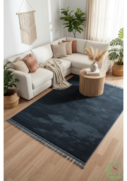 Post/peluş Yıkanabilir Kaymaz Taban Yumşacık Mavi Örgü Saçaklı Modern ve Şık Salon Oturma Odası Mutfak Çocuk Odası Koridor Antre Halısı